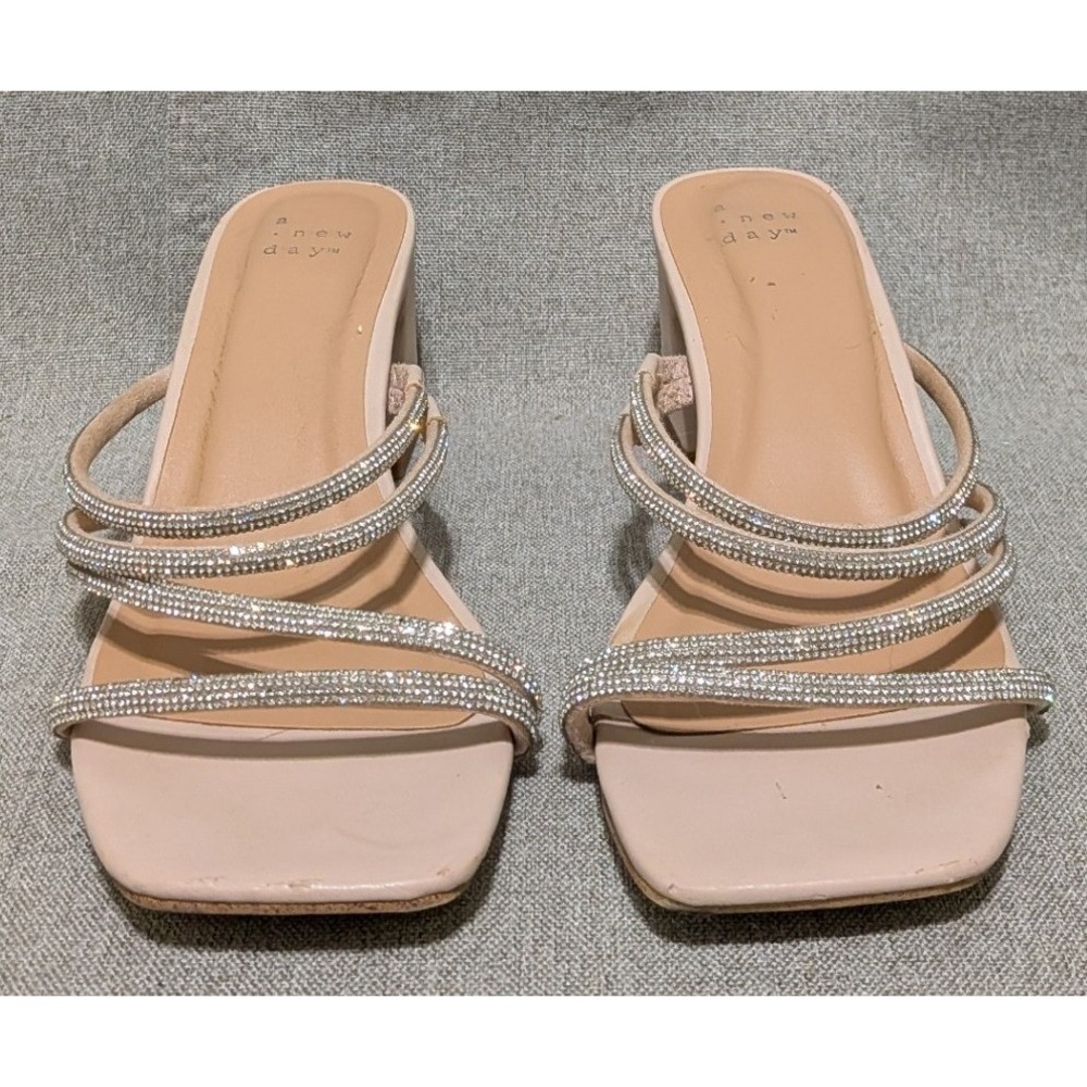A New Day Block Heel Sandals Womens 8 Blush Pink Good Rhinestone Square Toe Mule